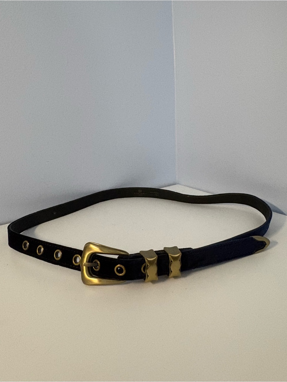 Anthropologie Dark Navy Velvet Belt with Gold Buckle and Grommets